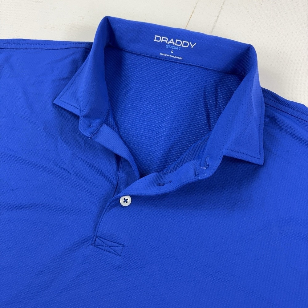 B. Draddy Sport Polo Shirt Mens Large Blue Stretch Golf Performance Short Sleeve
